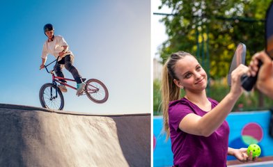 Tonåringar cyklar och spelar padel